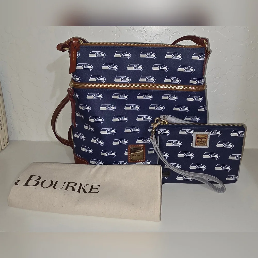 Dooney & Bourke Navy White Seattle Seahawks Print Crossbody with Wristlet